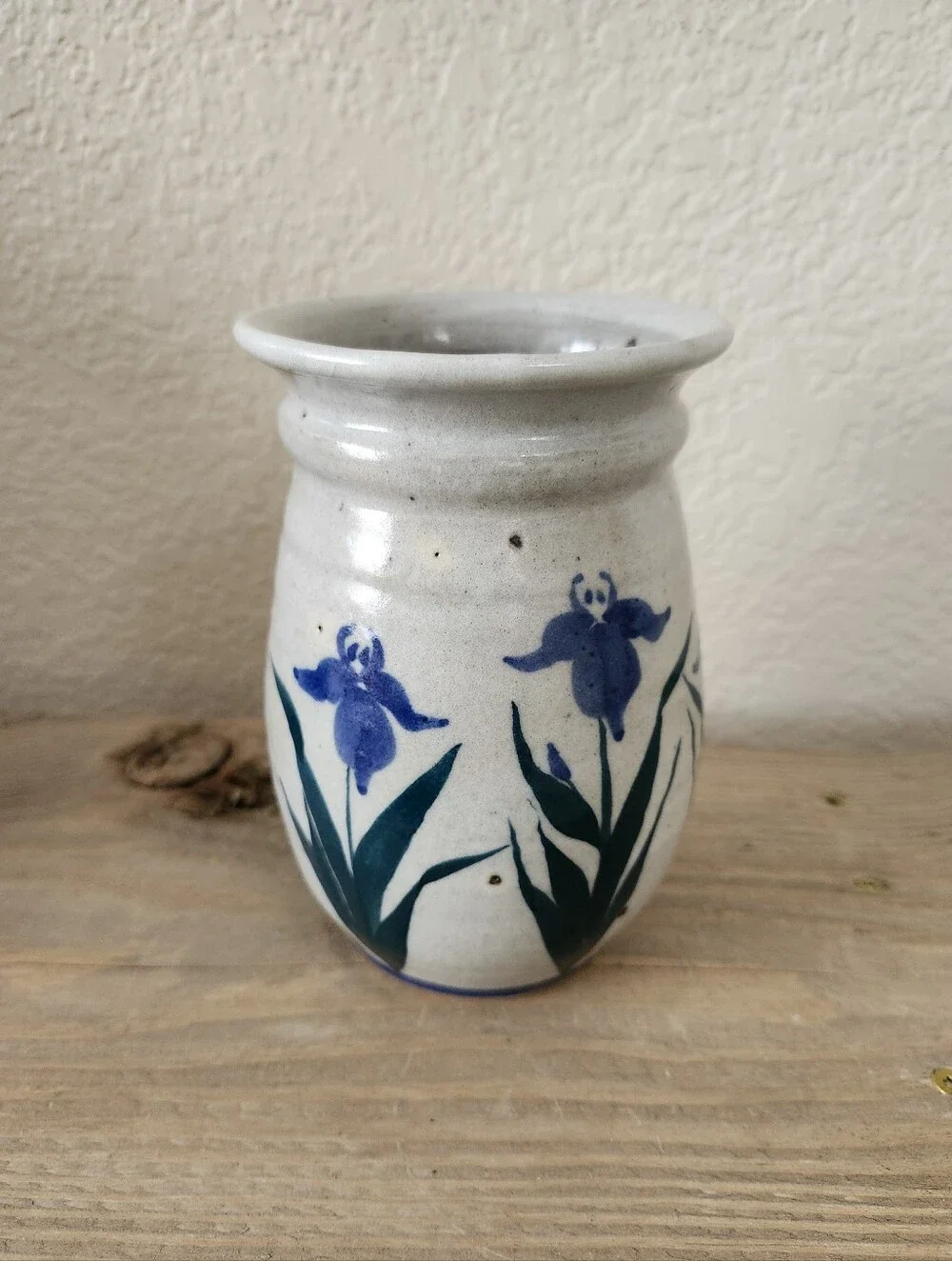 Vintage Studio Pottery Blue Iris Hand  Painted Stoneware Vase